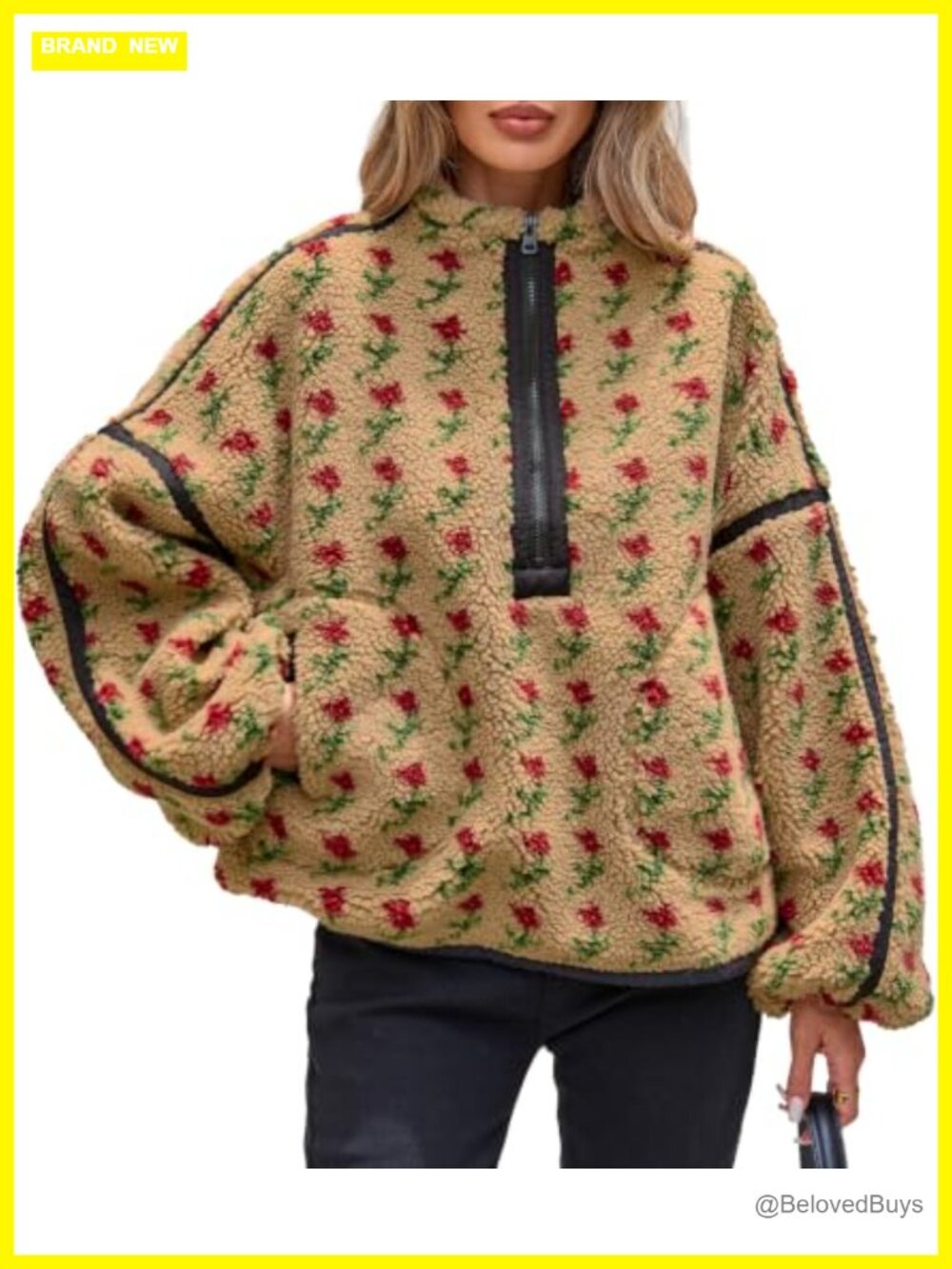 Floral Sherpa Fleece Jacket Half Zip Oversized Pullover Top